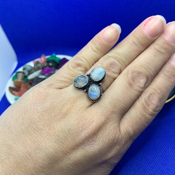 FLASH Moonstone Trio Ring! .925 Sterling Silver Plated, Size 7.25 - Picture 8 of 12